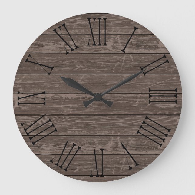 Reloj Redondo Grande Marrón de efectos de madera rústica (Anverso)