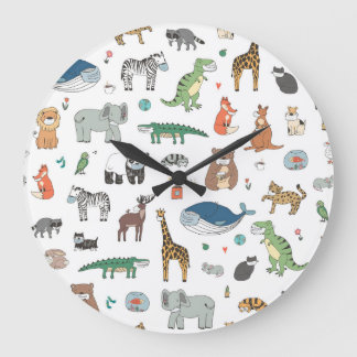 Reloj Redondo Grande Máscara animal infantil, patrón de virus.