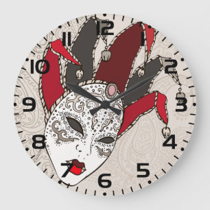 Reloj Redondo Grande Máscara de Bufón de Mardi Gras Carnaval Veneciano