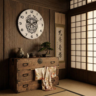 Reloj Redondo Grande Máscara Oni Japonesa Arte Lineal Demonio Tribal