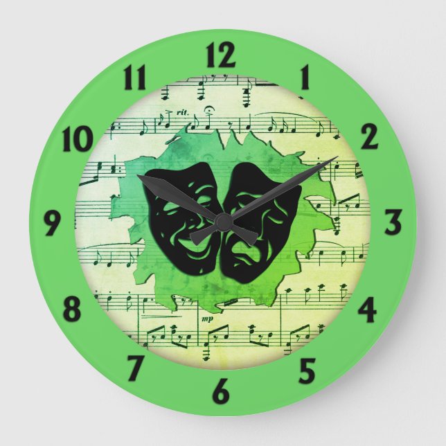 Reloj Redondo Grande Máscaras de teatro y música verde (Anverso)