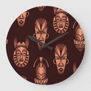 Reloj Redondo Grande Mascarillas étnicas africanas, fondo oscuro