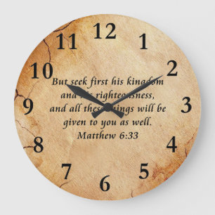 Reloj Redondo Grande Mateo 6:33 Verso de la Biblia