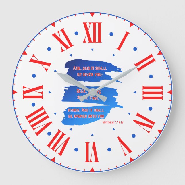 Reloj Redondo Grande Mateo 7:7 Biblia KJV contra número romano (Anverso)
