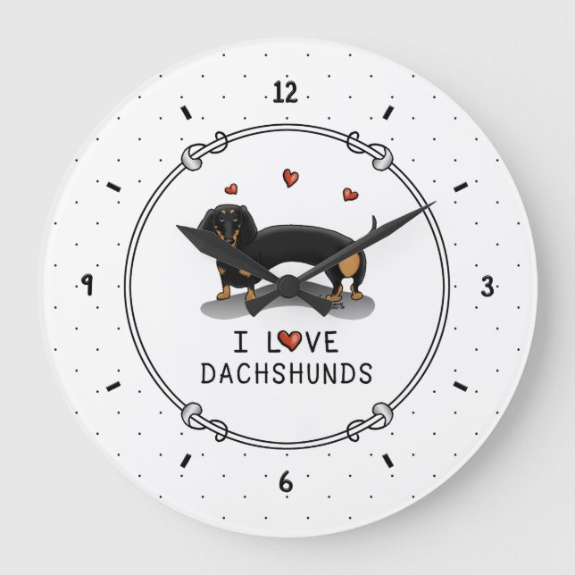 Reloj Redondo Grande Me encanta Dachshunds Dachsies (negro y tostado) C (Anverso)