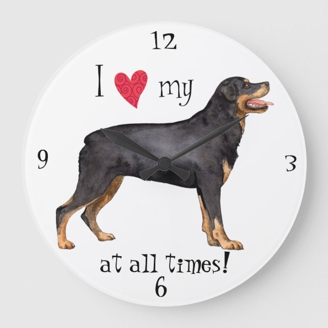 Reloj Redondo Grande Me encanta mi Rottweiler (Anverso)