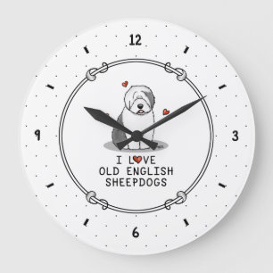 Reloj Redondo Grande Me encantan los viejos perros pastores ingleses (G