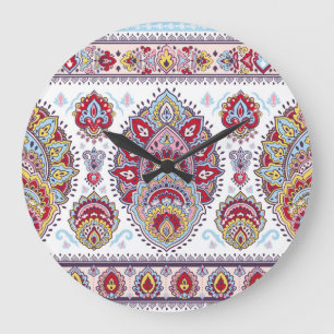 Reloj Redondo Grande Medallón indio paisley floral, étnico.