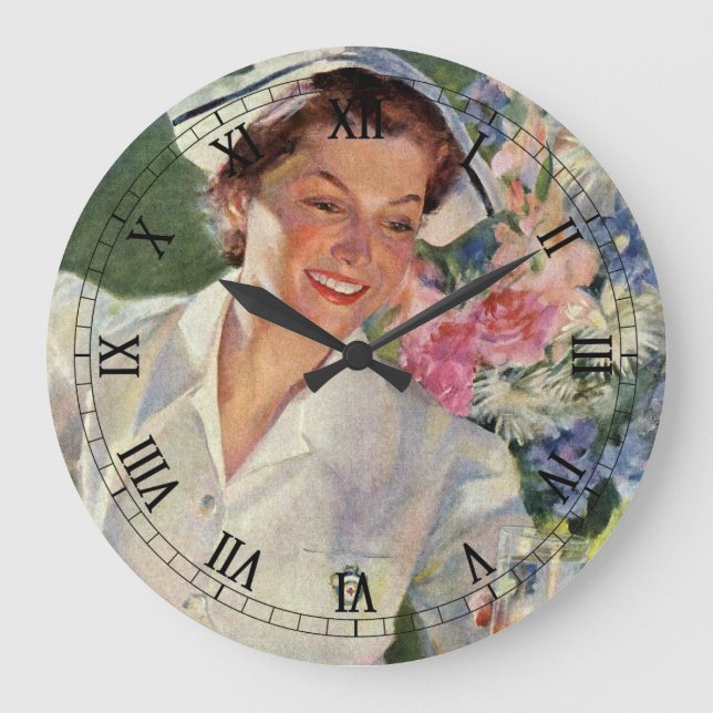Reloj Redondo Grande Medicina de época, enfermera feliz con uniforme (Anverso)