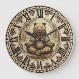 Reloj Redondo Grande Meditating Bear Wall Clock – Wood-Burned style