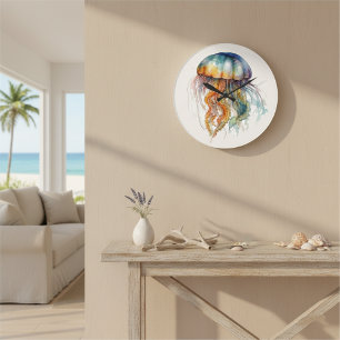 Reloj Redondo Grande Medusa Mareas Arcoíris: Arte Acuarela