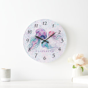 Reloj Redondo Grande Medusas en Turquesa y Morado Baby Shower de Niña