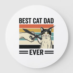 Reloj Redondo Grande Mejor Papá Gato Retro Camiseta Puño Gato_1