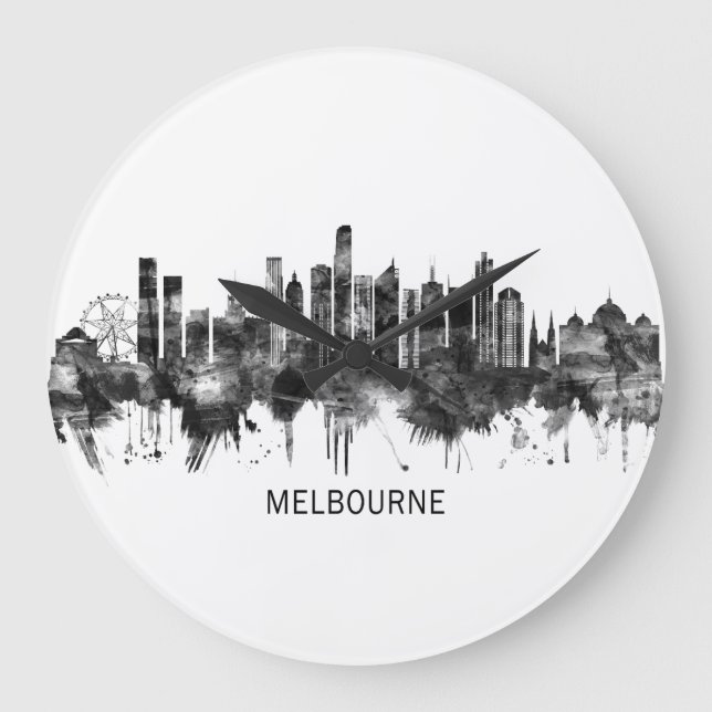 Reloj Redondo Grande Melbourne Australia Skyline BW (Anverso)