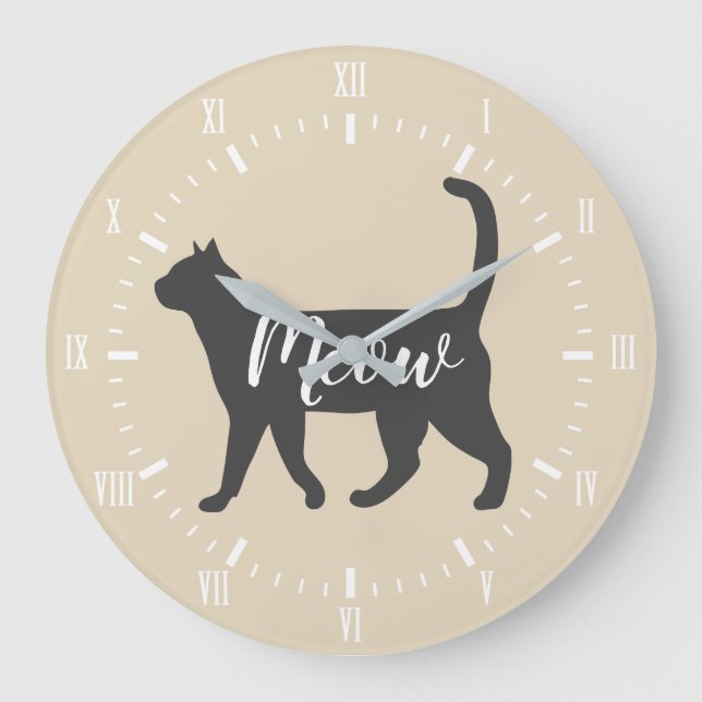 Reloj Redondo Grande Meow Gray Cat Silhouette & Taupe (Anverso)