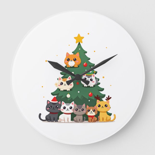 Reloj Redondo Grande Merry Catmas Funny Christmas Tree, Cats Xmas Meow  (Anverso)