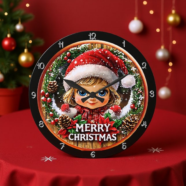 Reloj Redondo Grande Merry Christmas Elf Child Wreath (Subido por el creador)