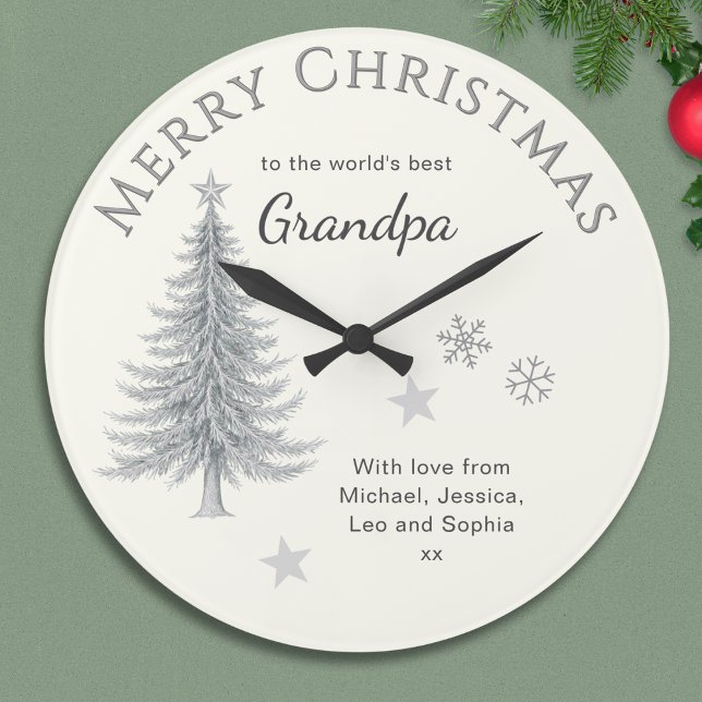 Reloj Redondo Grande Merry Christmas Grandpa Cream Keepsake (A Christmas clock for the 'world's best Grandpa', with tree, snowflakes, stars and your own message)