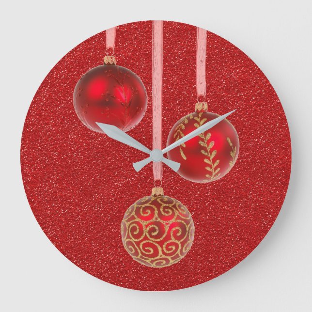 Reloj Redondo Grande Merry Christmas Red Glitter Baubles Elegant (Anverso)