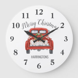Reloj Redondo Grande Merry Christmas Vintage Red Truck Family Name