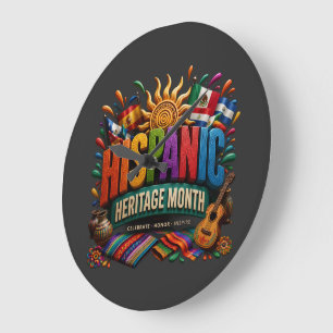 Reloj Redondo Grande Mes de la Herencia Hispana 3D Orgullo Cultural Col