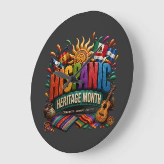 Reloj Redondo Grande Mes de la Herencia Hispana 3D Orgullo Cultural Col