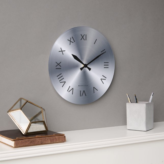 Reloj Redondo Grande Metallic Silver Gray Texture Custom Monogram (Oficina)