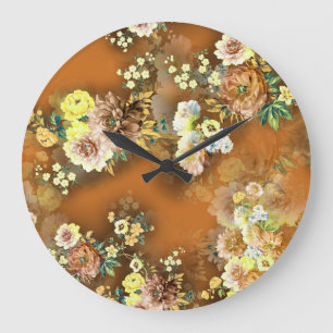 Reloj Redondo Grande Mezcla de flores: fondo Naranja