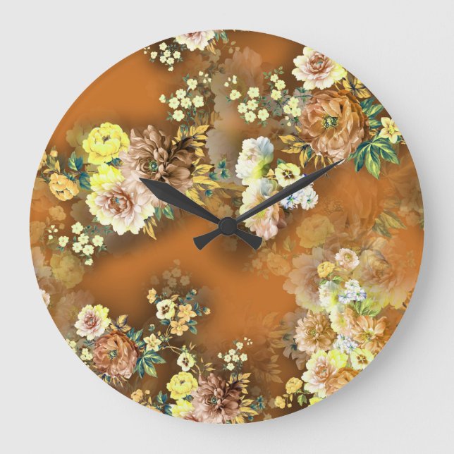 Reloj Redondo Grande Mezcla de flores: fondo Naranja (Anverso)