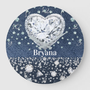 Reloj Redondo Grande Mezclilla de Blue Jean y Diamantes Brillo Corazón