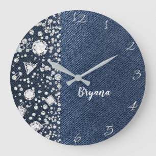 Reloj Redondo Grande Mezclilla de Blue Jean y Diamantes Brillo Corazón