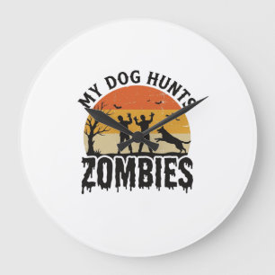 Reloj Redondo Grande Mi perro caza zombies vintage arte de perro de Hal