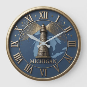 Reloj Redondo Grande Michigan Lighthouse and State Map