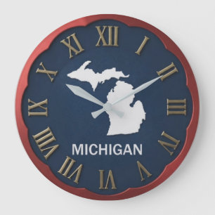 Reloj Redondo Grande Michigan State Map Scalloped Red Bezel