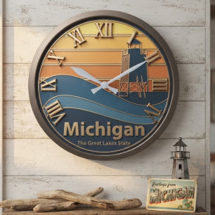 Reloj Redondo Grande Michigan Sunset and Lighthouse Retro Waves