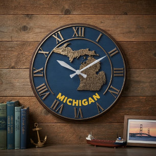 Reloj Redondo Grande Michigan Typography State Map Blue and Gold