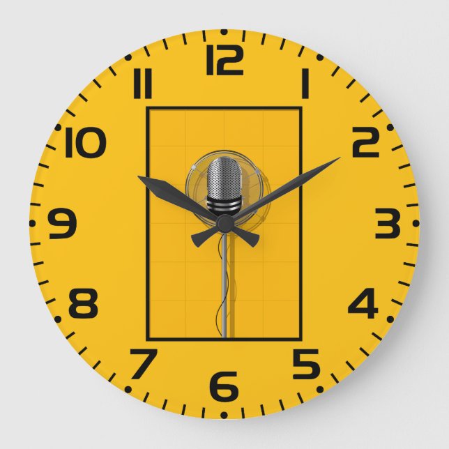 Reloj Redondo Grande Micrófono Retro sobre Amarillo Intenso (Anverso)