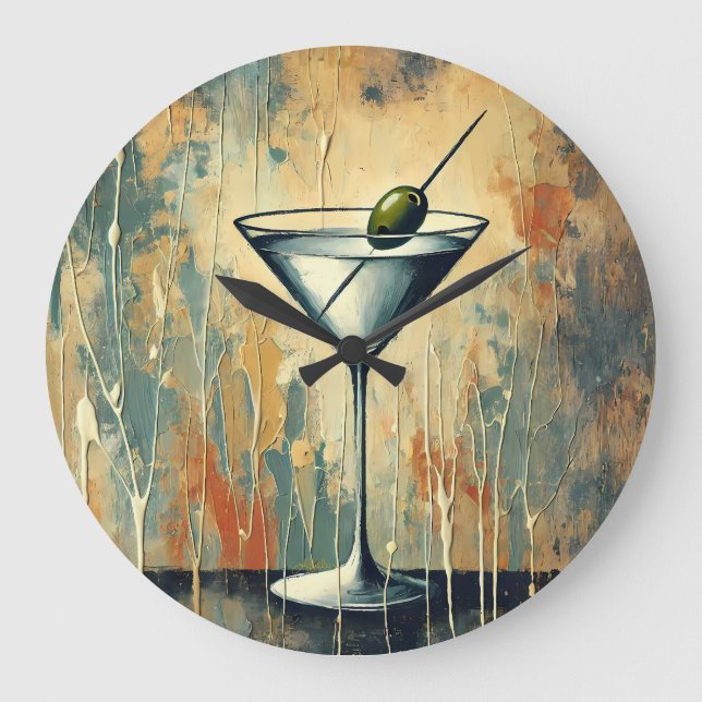 Reloj Redondo Grande Mid Century Mixed Media Martini Art (Anverso)