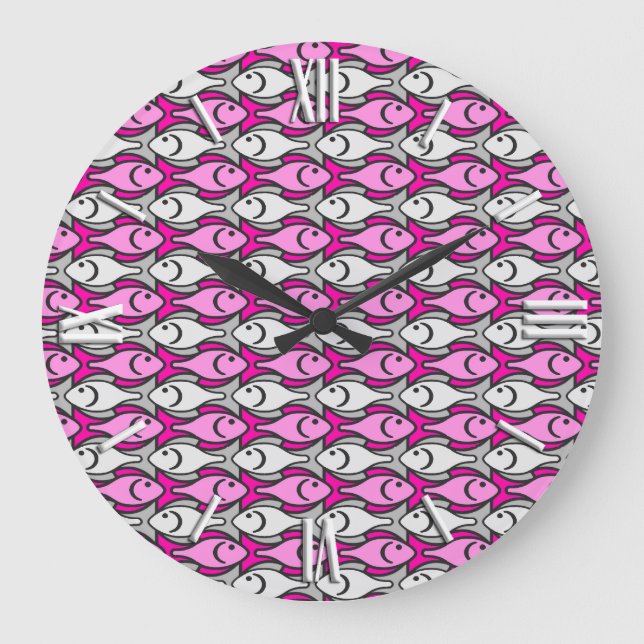 Reloj Redondo Grande Mid-Century Modern fish, pink and grey (Anverso)