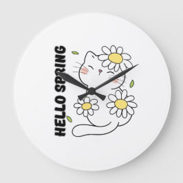 Reloj Redondo Grande Minimalist Aesthetic Hello Spring Cat & Daisy 