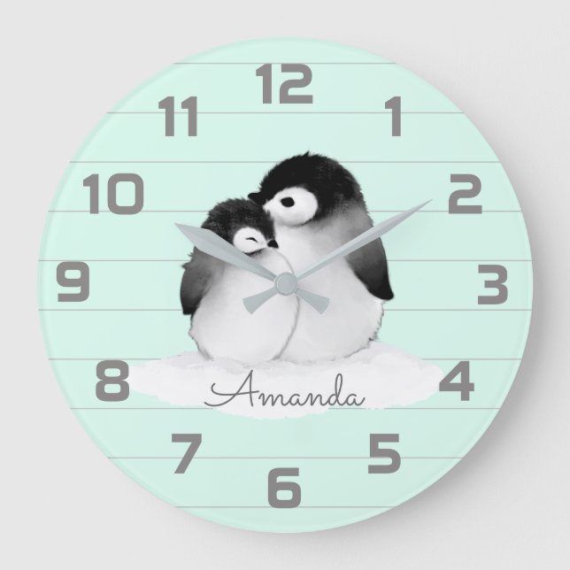 Reloj Redondo Grande Mint Grey Penguin Nursery Decor Wall Clock (Anverso)