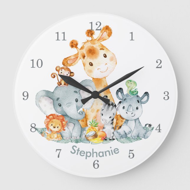 Reloj Redondo Grande Mint gris acuarela Cute Safari Jungle Animales (Anverso)