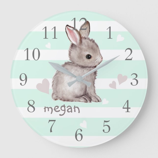 Reloj Redondo Grande Mint Stripes Grey Bunny Nursery Wall Clock (Anverso)