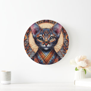 Reloj Redondo Grande Mítica fantasía felina ornamentada regia
