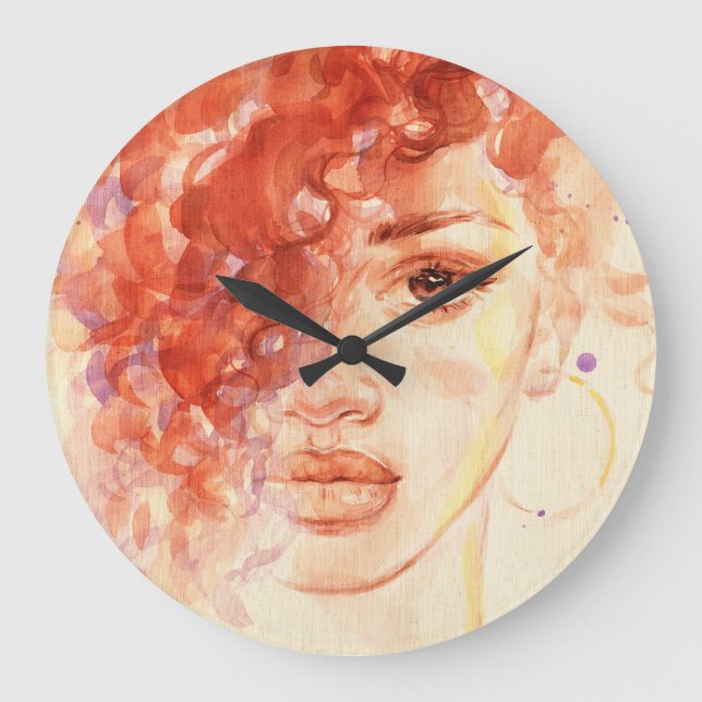 Reloj Redondo Grande Moda afroamericana, ilustracion acuarela. (Anverso)