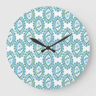Reloj Redondo Grande Moda Azul Blanco Vintage Periwinkle Floral Patrón