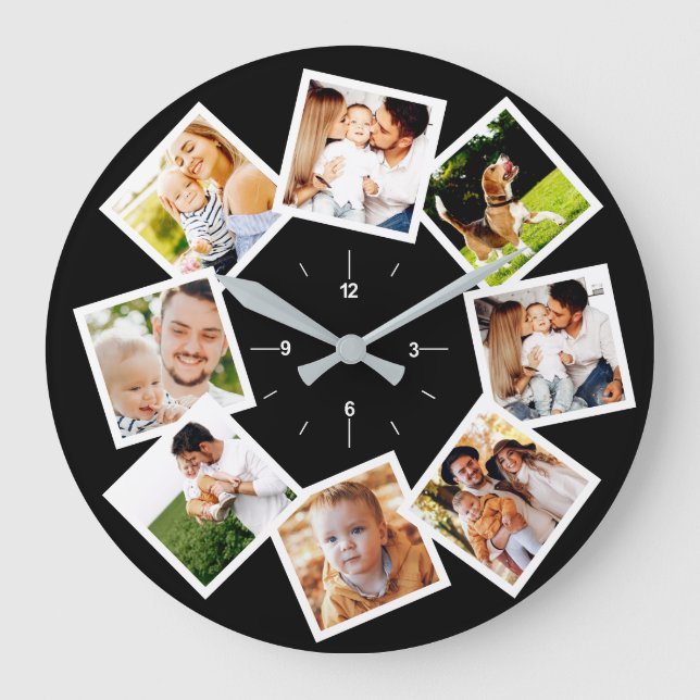 Reloj Redondo Grande Moda De Collage de fotos Familiar Blanco Y Negro (Anverso)