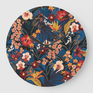 Reloj Redondo Grande Moda de la jungla: azul oscuro exótico.