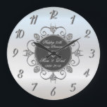 Reloj Redondo Grande Moda Diamantes Plata 50 Bodas Aniversario<br><div class="desc">Elegante reloj de aniversario de boda de diamantes de plata.</div>