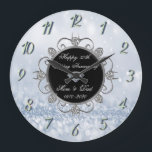 Reloj Redondo Grande Moda Diamonds Blue Bokeh 50° aniversario Boda<br><div class="desc">Elegante reloj de aniversario de boda de diamantes de plata.</div>